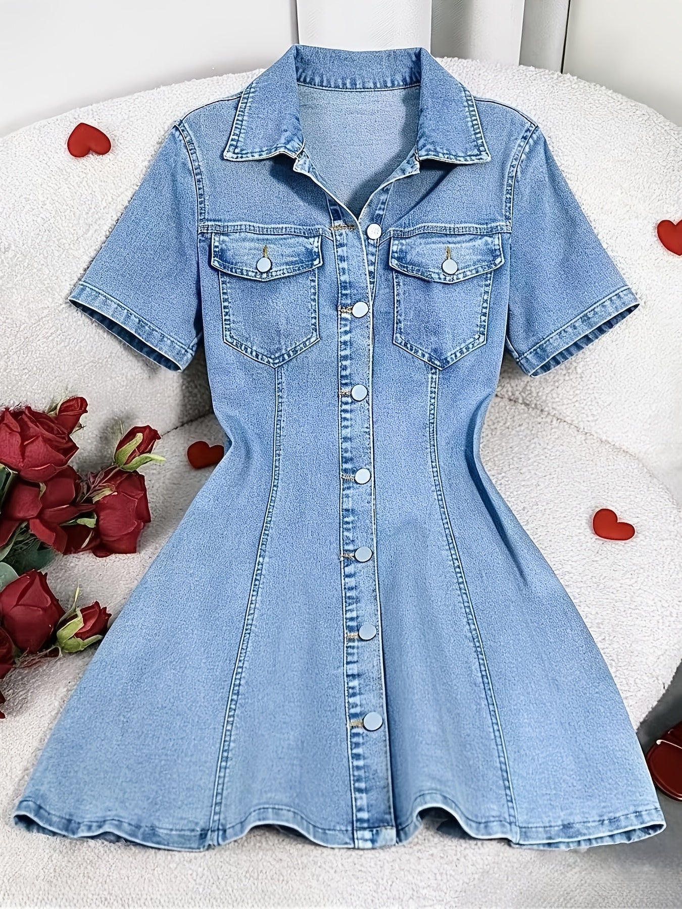 Fitted Single-Button Short Sleeve Denim Dress, Elegant