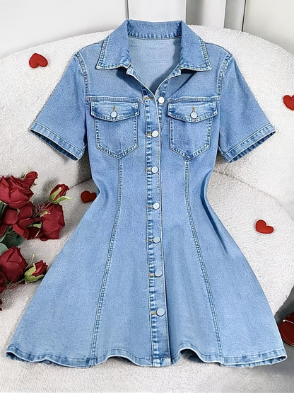 Fitted Single-Button Short Sleeve Denim Dress, Elegant