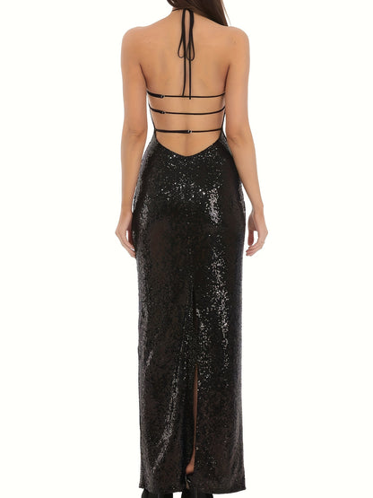 Sequin Dress for Women Halter Neck Evening Party Dress for Cocktail Wedding Guest Events