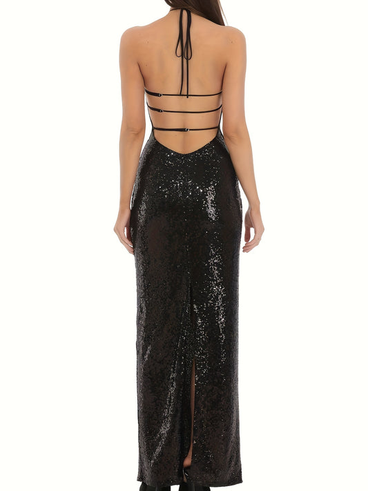Sequin Dress for Women Halter Neck Evening Party Dress for Cocktail Wedding Guest Events