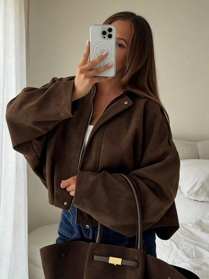 Cropped Jacket for Women Drop Shoulder Zip Jacket with Lapel for Autumn Smart Casual