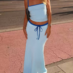 2pcs Women's Color Block Crop Top and High-Waisted Skirt Set