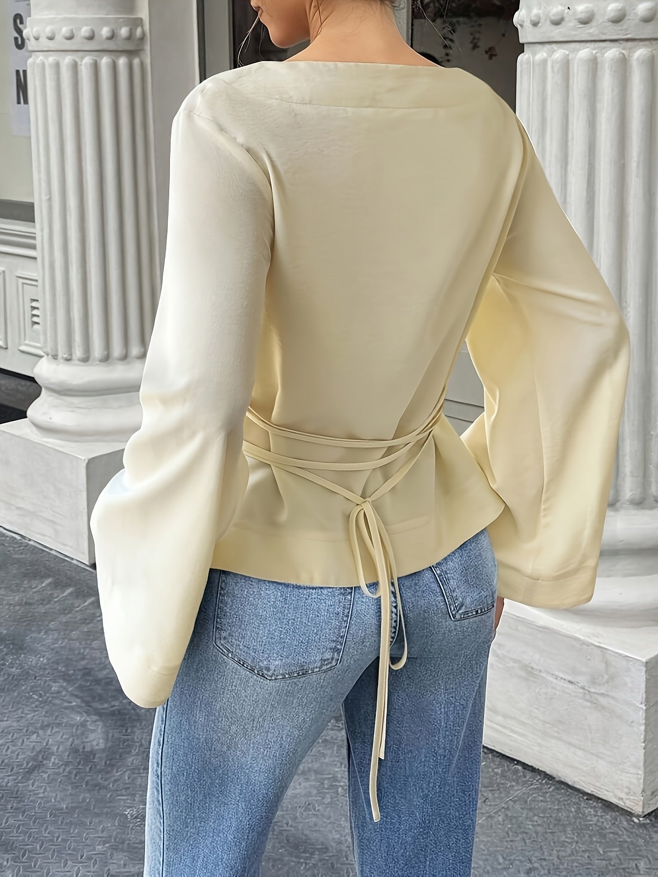 White Blouse for Women Back Tie Flared Sleeve Lightweight Shirt for Office Dinner Summer