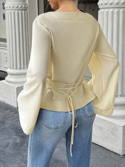 White Blouse for Women Back Tie Flared Sleeve Lightweight Shirt for Office Dinner Summer