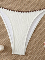 [White Crochet Bikini 2pcs] Women's Simple and Elegant White Textured Fabric Shell-style Crochet Bikini Swimsuit Without Underwire, with Ties, 2pcs Set, Suitable for Spring and Summer Seasons. Ideal for Beach and Vacation Wear