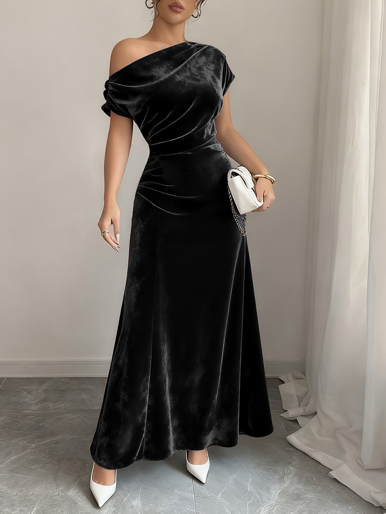 Velvet Dress for Women Off Shoulder Floor Length Evening Dress for Party Banquet Events