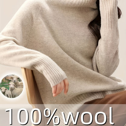 100% Wool Seamless High Neck Sweater - Loose Fit Sleeve Pullover with Micro-Stretch, Solid Color Top for Autumn Winter, Middle Eastern-Inspired Casual Chic Style