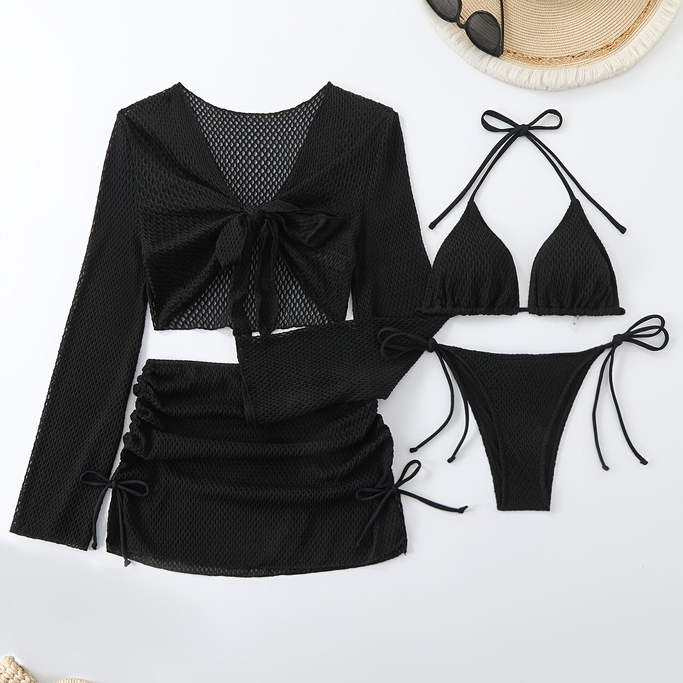 2024 New European And American Conservative Four-Piece Set, Solid Color Cover-Up, Mesh Short Skirt, Bikini Women'S Swimwear.