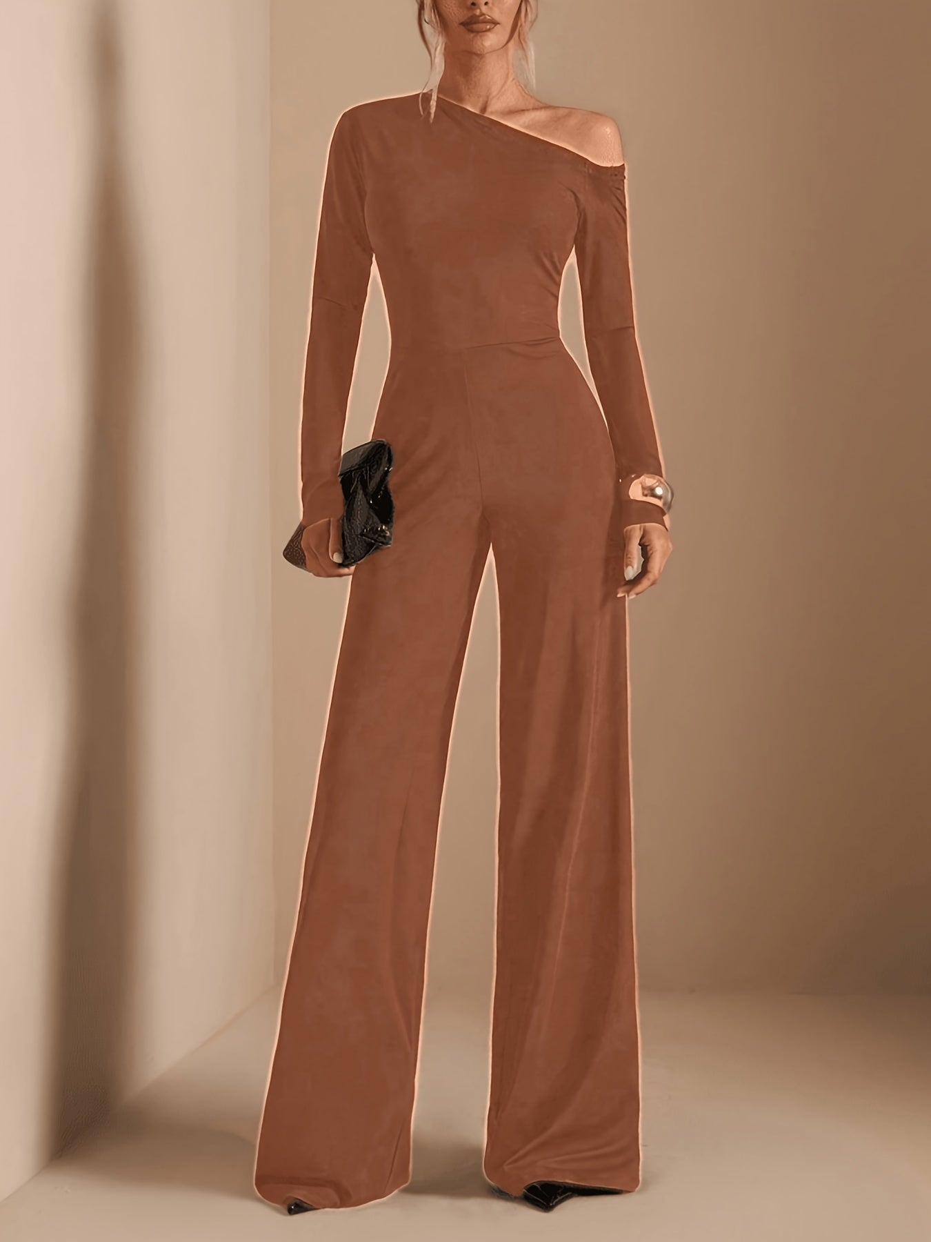 [Asymmetric Off-Shoulder Romper] Women's Elegant Asymmetric Off Shoulder Long Sleeve Wide Leg Romper - Solid Black Casual Jumpsuit for Spring Summer