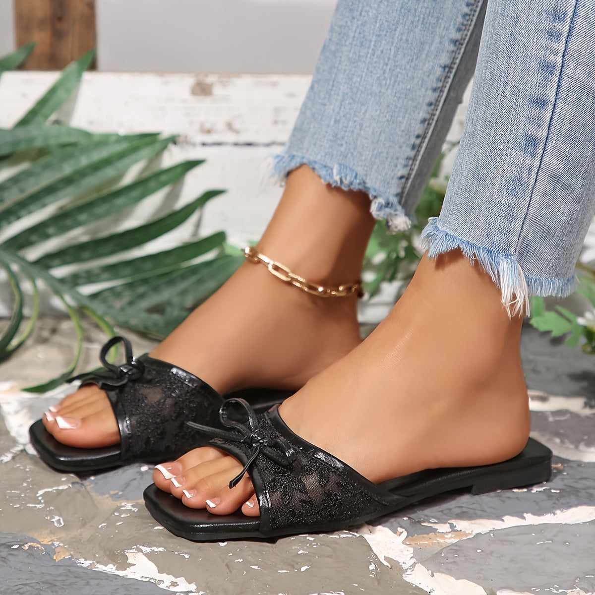 Women's Slide Sandals, French Noir Bow Accent Sheer Mesh Slip-On Open Toe, Low Heel TPR Sole, Suitable for Office Casual Brunch & Summer, Elegant Breathable Footwear with Bow Detail, Hand Washable Flat Slippers