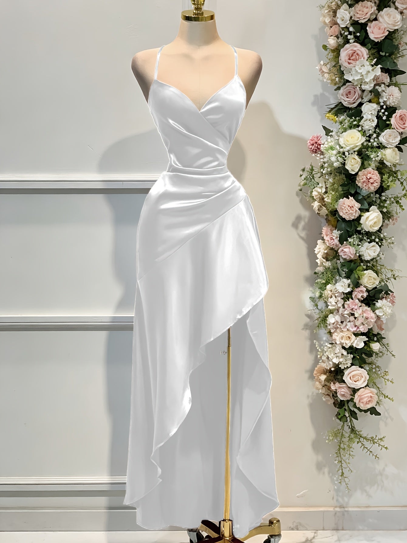 Satin Dress for Women Spaghetti Strap Ruched Open Back Party Wedding Guest Dress
