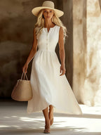 Women's Summer French-Style Waist-Cinching Midi A-Line Holiday Style Maxi Dress, 2026 New Arrival Classic Comfortable Sleeveless V-Neck Single-Breasted Dress