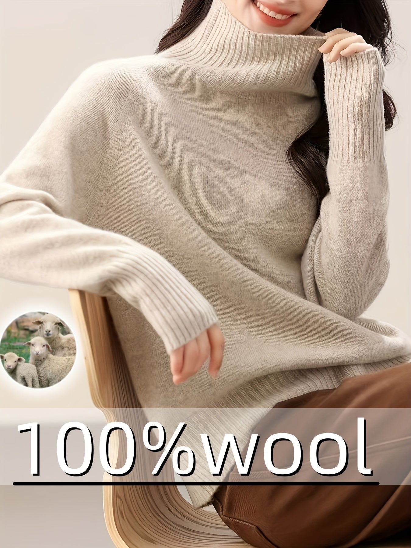 100% Wool Seamless High Neck Sweater - Loose Fit Sleeve Pullover with Micro-Stretch, Solid Color Top for Autumn Winter, Middle Eastern-Inspired Casual Chic Style