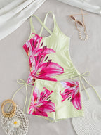 Women'S Tankini Set, Two-Piece Swimsuit, Floral Print, Spaghetti Strap Tank Top with Triangle Cups, Boyleg Bottoms, Casual Summer Beachwear, Perfect for Beach Holidays And Summer Getaways