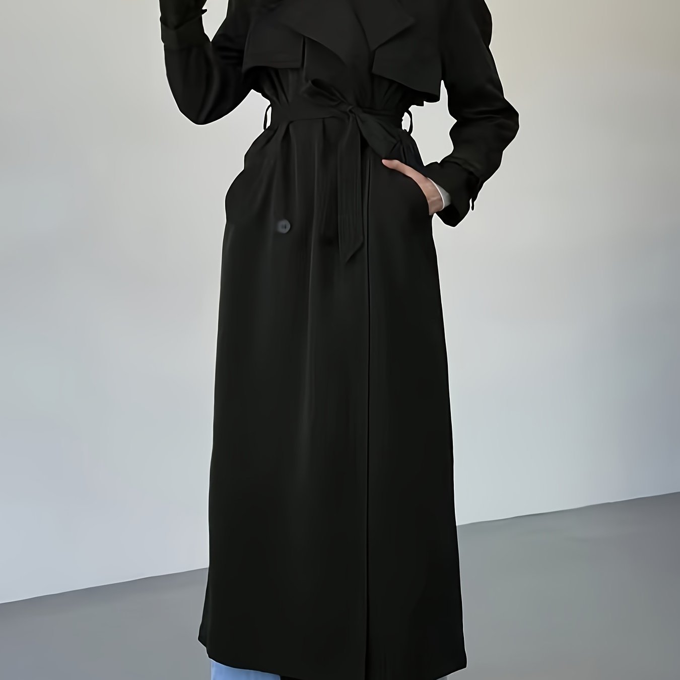 Trench Coat for Women Long Double Breasted Belted Coat for Commuting Autumn