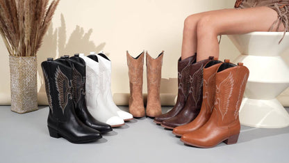 Cowgirl Western Boots for Women – Embroidered Mid-Calf, Pointed Toe and Block Heel