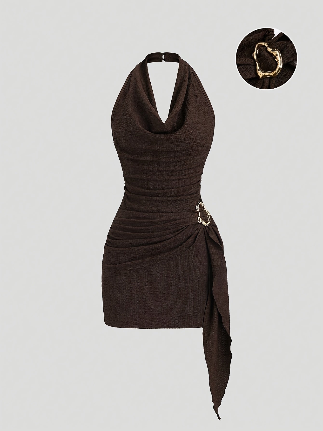 Party Dress for Women Draped Neckline Asymmetric Ruffle Dress with Metal Buckle