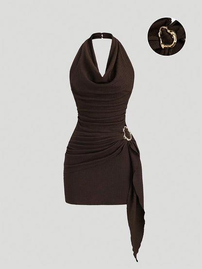 Party Dress for Women Draped Neckline Asymmetric Ruffle Dress with Metal Buckle