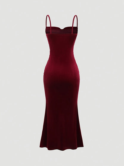 Party Dress for Women Ruched Spaghetti Strap Burgundy Midi Dress for Birthday Dinner Events
