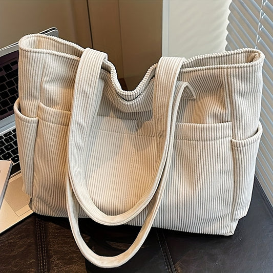 New Women's Casual Minimalist Solid Color Single-Shoulder Bag, Plush Suede Soft-Touch Handbag, Corduroy Fashionable Women's Tote Bag, Large Capacity Handbag with Multiple Practical Pockets, for Daily Commuting, Travel, Shopping, School, Laptop Bag
