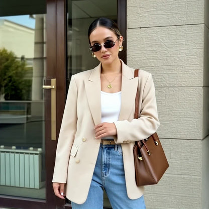 Fashionable and Elegant Four-season Women's Solid Color Single-breasted Flat Lapel Office Blazer, Suitable for Commuting, Business, and Casual Daily Wear