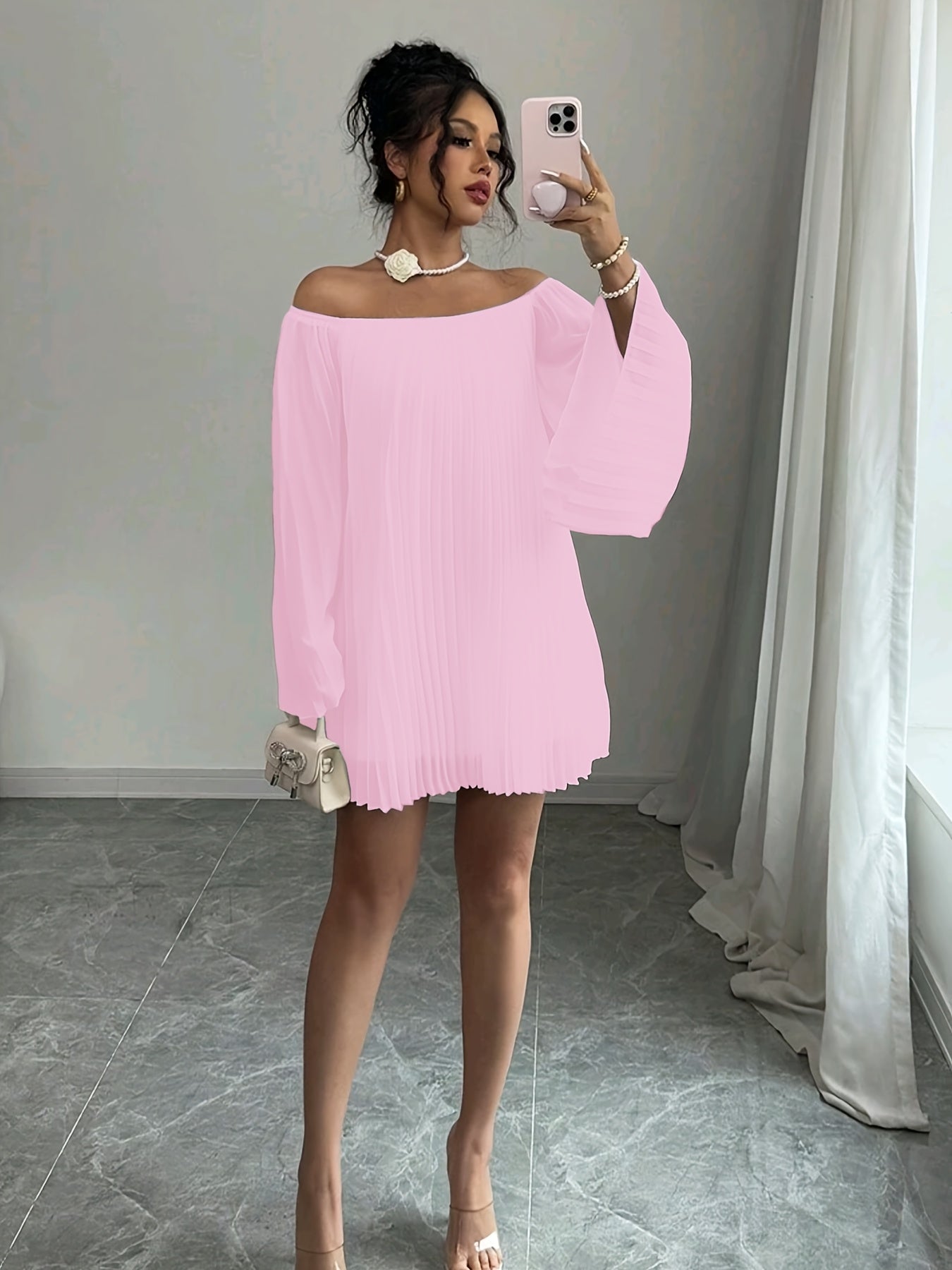 Women'S Elegant Off-Shoulder Ruched Long Sleeve Chiffon Dress
