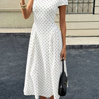 New Summer Women's White Polka Dot Short Sleeve Round Neck Midi Dress