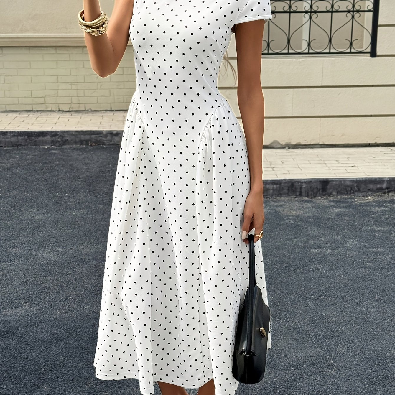 New Summer Women's White Polka Dot Short Sleeve Round Neck Midi Dress
