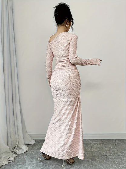 Ladies Elegant Fashion Office Commute Ladies Charm Long Sleeve Asymmetrical Neckline Pleated Slim Fit Bodysuit Collar Solid Color Textured Long Dress [Hw915]Directed