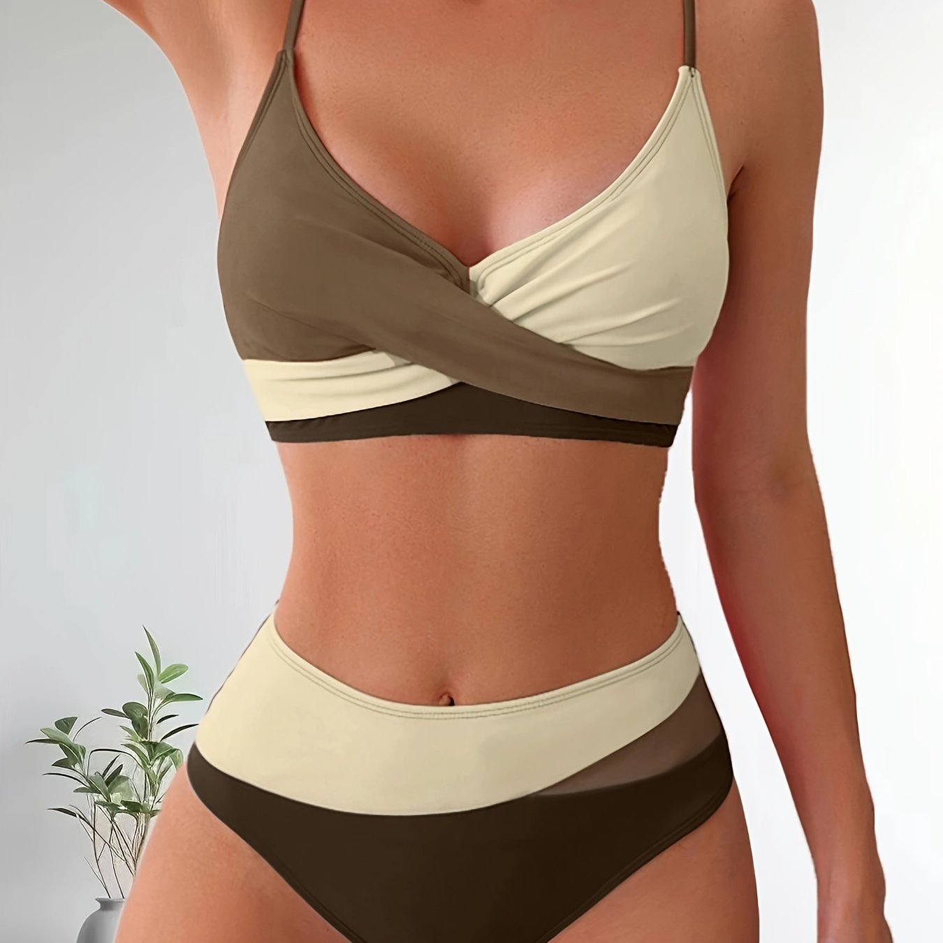 Solid Color Patchwork High-Waisted Sexy Bikini Split Swimsuit Swimwear