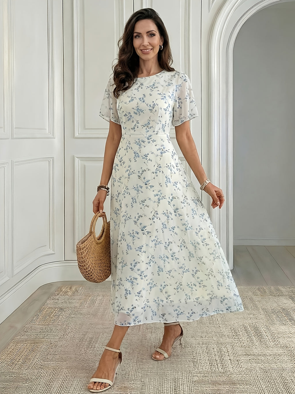 Women's Elegant Mini Floral Round Neck Short Sleeve Midi Dress, Summer Women's Clothing, Birthday Dress