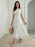 Women's Elegant Mini Floral Round Neck Short Sleeve Midi Dress, Summer Women's Clothing, Birthday Dress