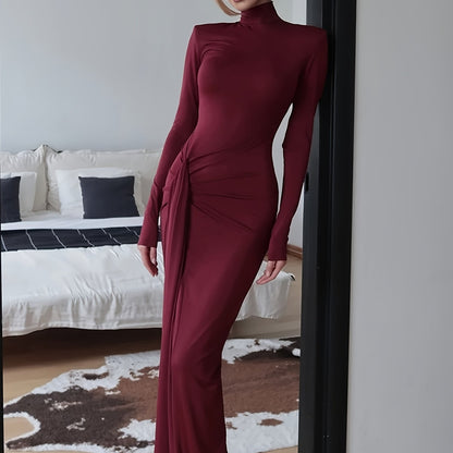 European And American 2025 Autumn And Winter New Fashion Sexy High Slit Strap Hip Wrap Women'S Long Dress New Spicy Shows Figure Internet Celebrity Same Style Party High Collar Slim Dress Women'S