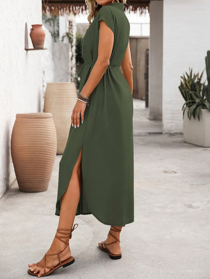 [Spring Summer Dress] Women's Mid-Length Dress, Short Sleeve, Solid Color, Bow Detail, Suitable for Spring And Summer Wear