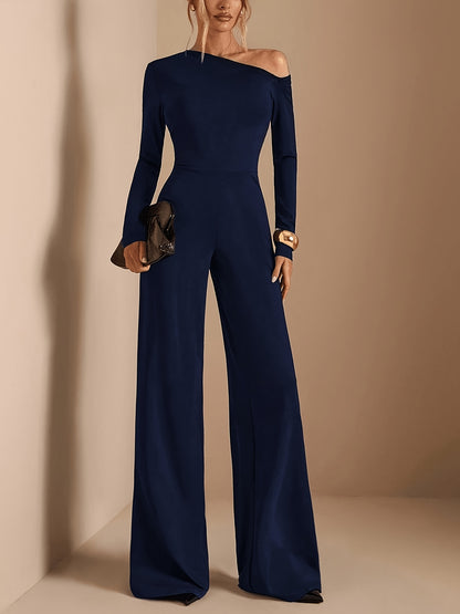 [Asymmetric Off-Shoulder Romper] Women's Elegant Asymmetric Off Shoulder Long Sleeve Wide Leg Romper - Solid Black Casual Jumpsuit for Spring Summer