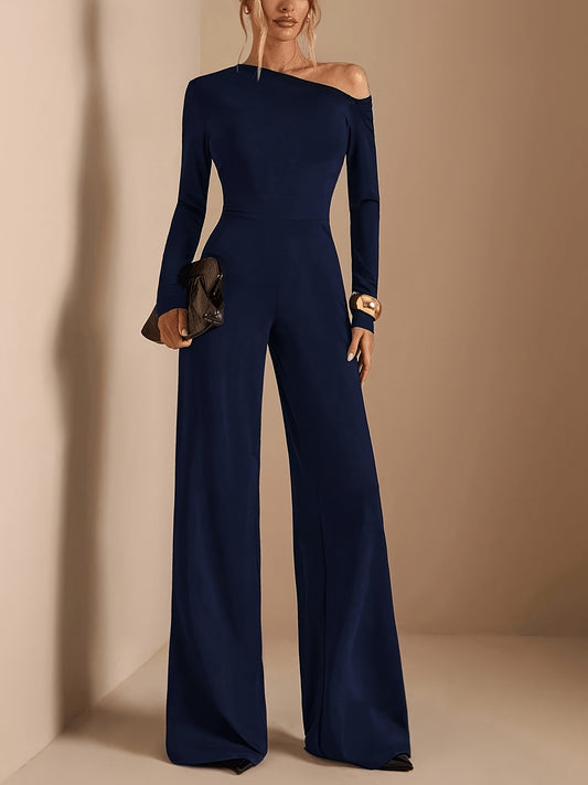 Wide Leg Party Jumpsuit for Women – Asymmetrical Neck, Long Sleeves and Palazzo Leg