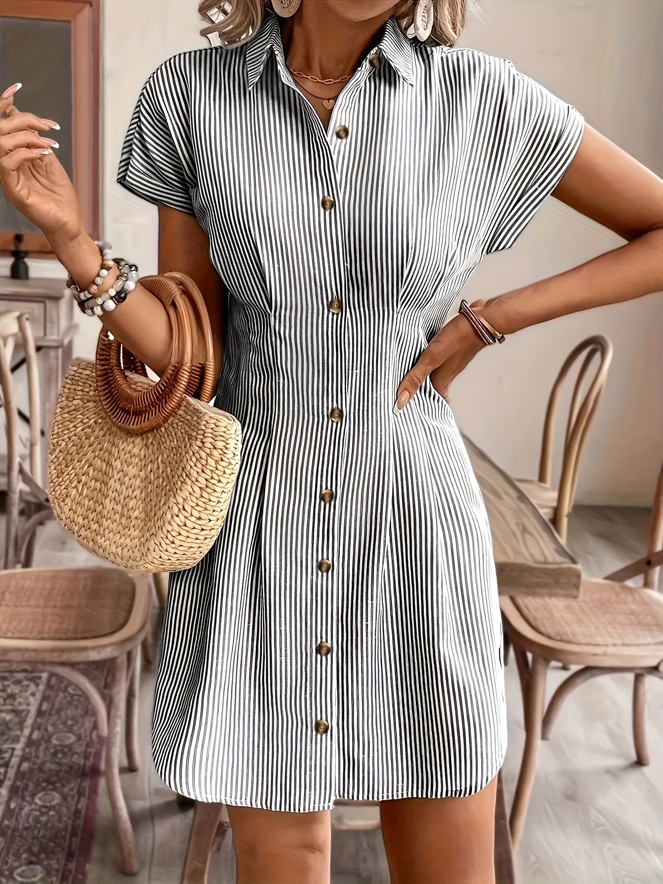 Striped Shirt Dress for Women – Short Sleeve, High Waist, Button Front A-Line