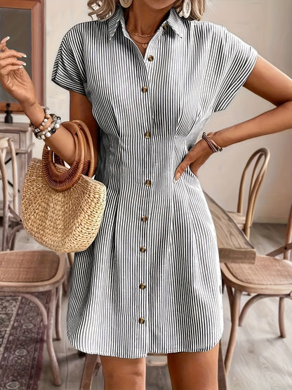 Striped Shirt Dress for Women – Short Sleeve, High Waist, Button Front A-Line