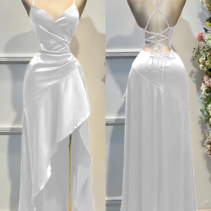 Satin Dress for Women Spaghetti Strap Ruched Open Back Party Wedding Guest Dress