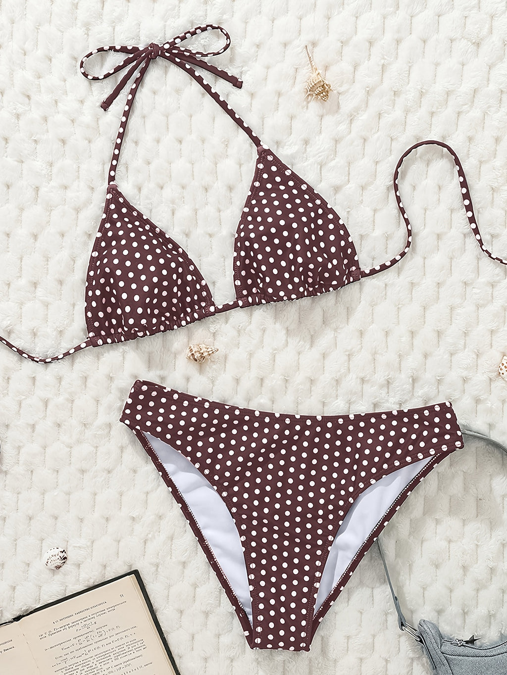 [Basic Design Bikini] Basic Design Bikini Set - Brown and White Polka Dot Triangle Top with Adjustable Ties, Low-Waist Bottoms - Simple Vacation Swimwear