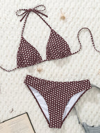 [Basic Design Bikini] Basic Design Bikini Set - Brown and White Polka Dot Triangle Top with Adjustable Ties, Low-Waist Bottoms - Simple Vacation Swimwear