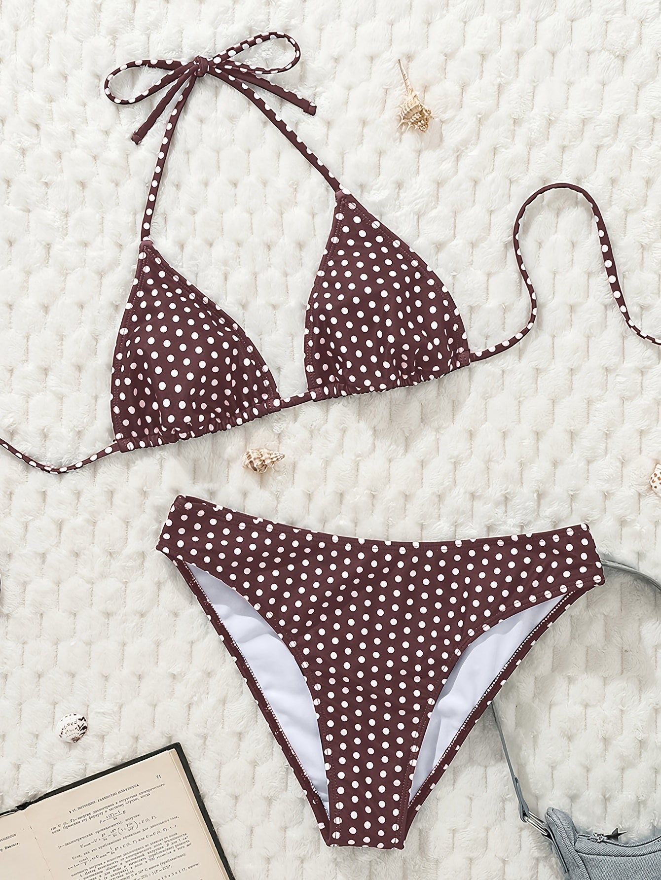[Basic Design Bikini] Basic Design Bikini Set - Brown and White Polka Dot Triangle Top with Adjustable Ties, Low-Waist Bottoms - Simple Vacation Swimwear