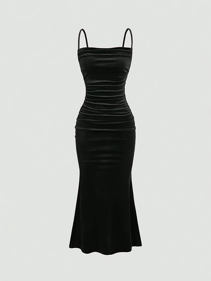 Party Dress for Women Ruched Spaghetti Strap Burgundy Midi Dress for Birthday Dinner Events
