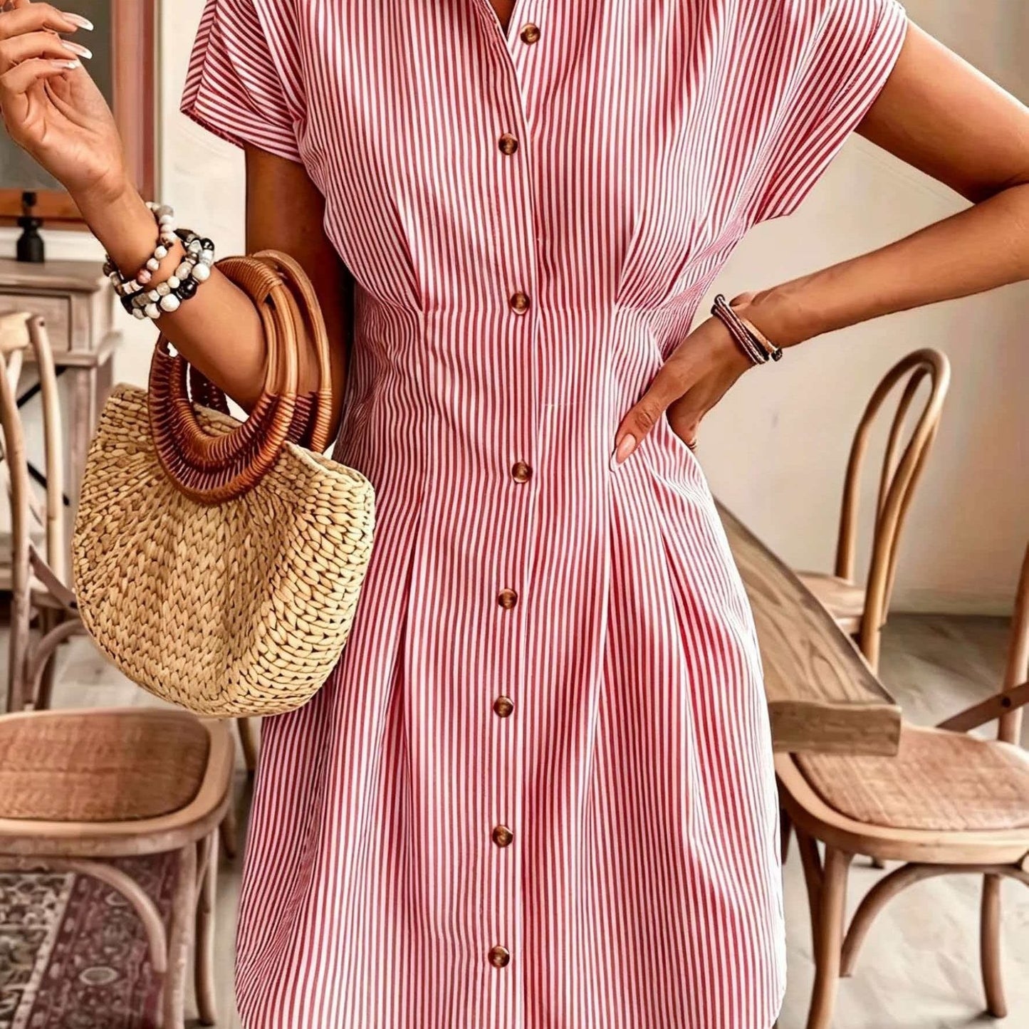 Striped Shirt Dress for Women – Short Sleeve, High Waist, Button Front A-Line