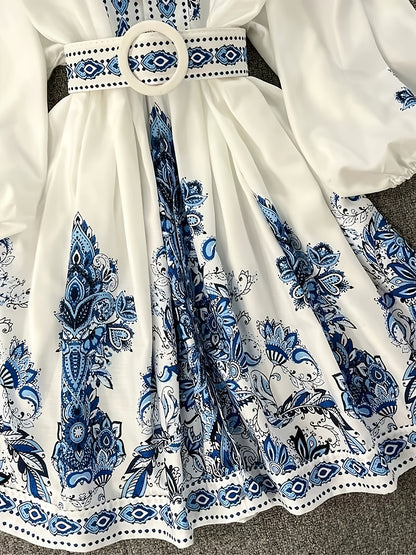 Women's Vintage Palace-Inspired Floral Print A-Line Dress with Lantern Sleeves & Adjustable Waist Tie - V-Neck Long Sleeve Loose Fit Maxi Dress for Spring/Fall, Machine Washable, Cute Dresses