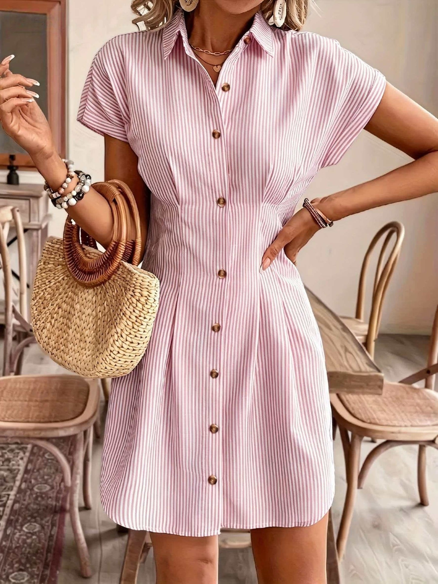 Striped Shirt Dress for Women – Short Sleeve, High Waist, Button Front A-Line