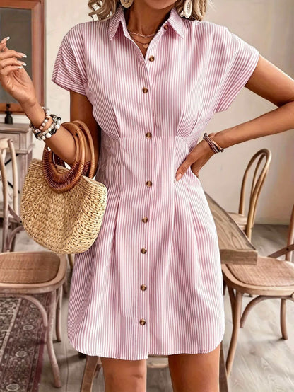 Striped Shirt Dress for Women – Short Sleeve, High Waist, Button Front A-Line