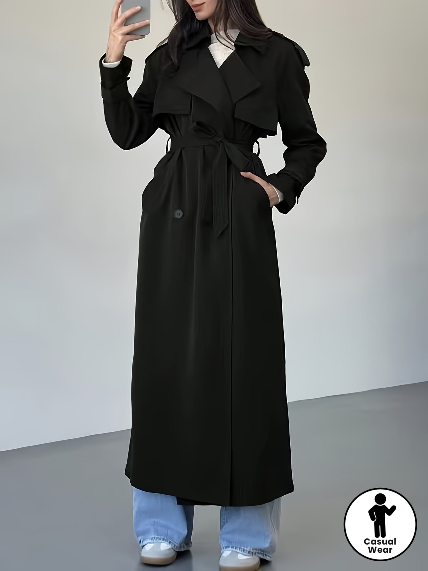 Trench Coat for Women Long Double Breasted Belted Coat for Commuting Autumn