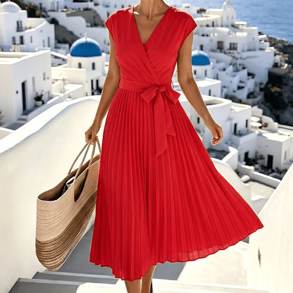 Women'S Elegant Solid V-Neck Sleeveless Tie-Belt Hem Pleated Flowy Midi Dress, Suitable for Casual Vacation Daily Gatherings, Fashionable And Generous Dress