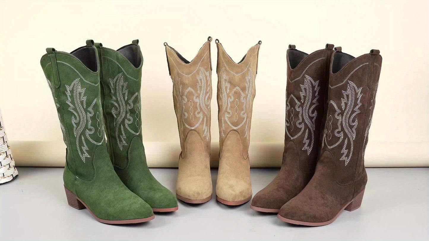 Cowgirl Western Boots for Women – Embroidered Mid-Calf, Pointed Toe and Block Heel